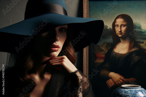 A woman wearing a blue hat is standing in front of a painting of Mona Lisa