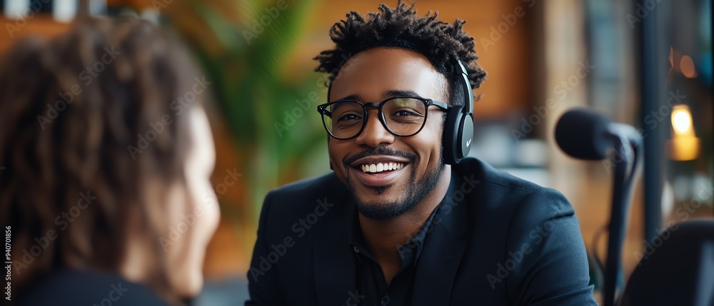 Fototapeta premium Cheerful African American man with glasses and a black suit engaging with an unrecognizable female guest at a podcast table in a studio, medium shot