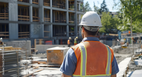 "Construction Worker Wearing an Orange Safety Vest and Hard Hat at a Worksite"