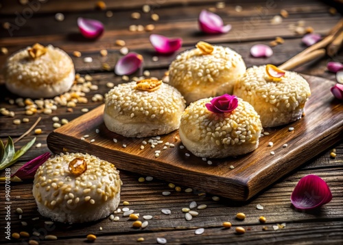 Moody close-up of Khanom Thien sticky rice cakes with scattered sesame seeds and delicate petals on distressed wooden surface with dramatic side lighting and rich textures. photo