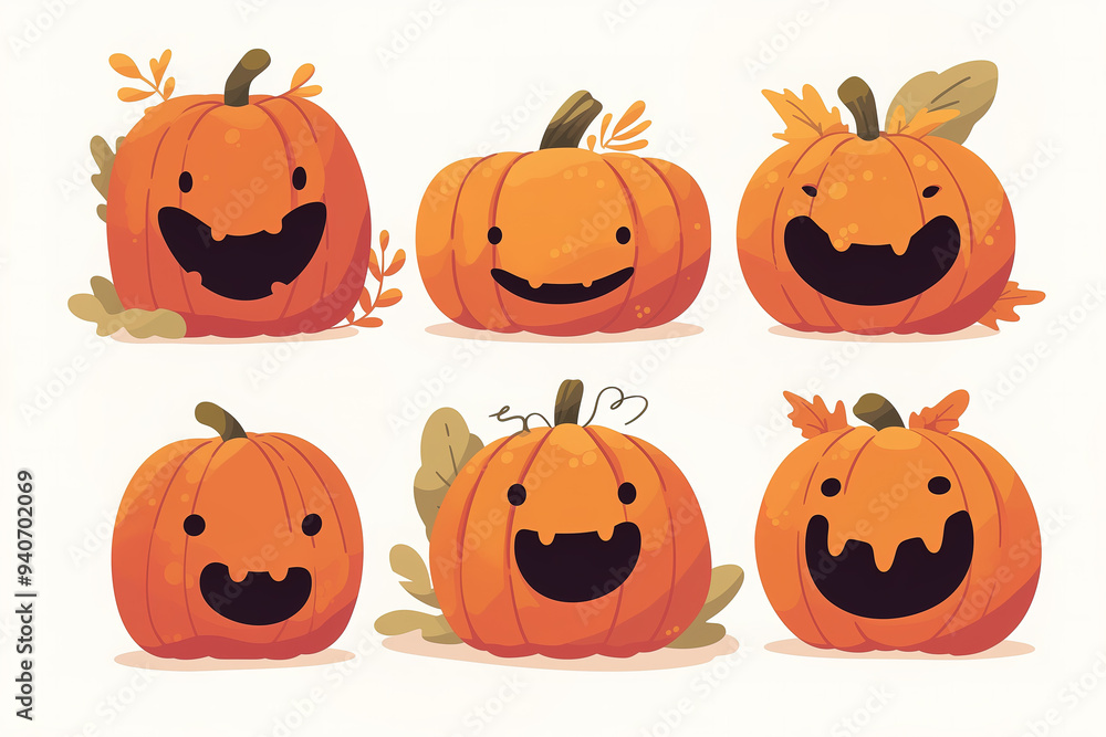 Fototapeta premium Pumpkins with various expressions. Illustrations for Thanksgiving and Halloween. 