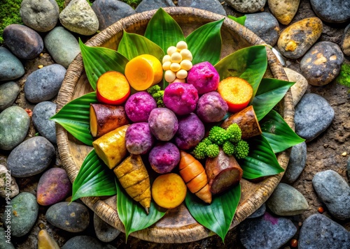 Freshness abounds in overhead shot of Yam Tua Ngok, arranged artfully on natural stone, bathed in bright, soft daylight, showcasing vibrant color palette photo