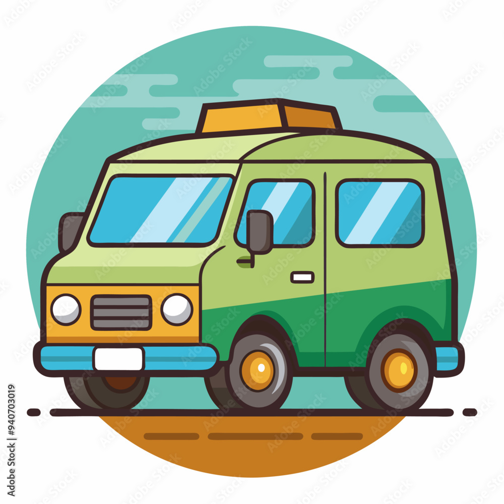 Naklejka premium Green and Yellow Vintage Van with a Yellow Roof
