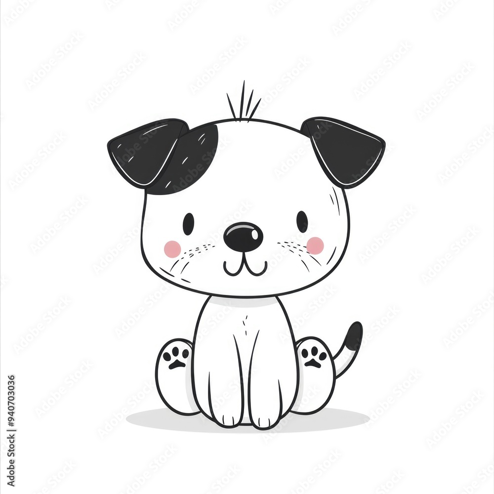 Adorable black and white puppy, flat illustration on a white backdrop, depicted in a charming cartoon style with a happy expression. Adorable black and white puppy, flat illustration on a white backdrop, depicted in a charming cartoon style with a happy expression.