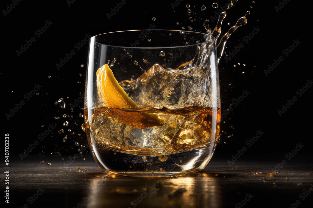 Rum Splashing in Glass with an Explosion of Ice Cubes Captured Against a Smoky Background Emphasizing the Unique Fusion of Elements Perfect for Innovative Beverage Presentations and Cocktail Art Rum Splashing in Glass with an Explosion of Ice Cubes Captured Against a Smoky Background Emphasizing the Unique Fusion of Elements Perfect for Innovative Beverage Presentations and Cocktail Art