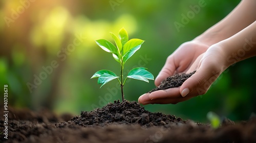 Planting a Seedling: A Hand Gently Nurtures New Life in Rich Soil