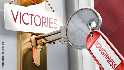 Toughness leads to Victories - it's a key to unlock victories. A door key metaphor showing how toughness is a key to access victories. It's a necessary element to open victories. ,3d illustration photo