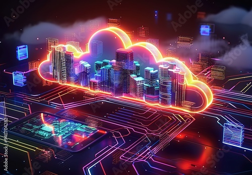 3D Illustration of Cloud and Cityscape on Electric Circuit Board with Neon Lights Modern Technology