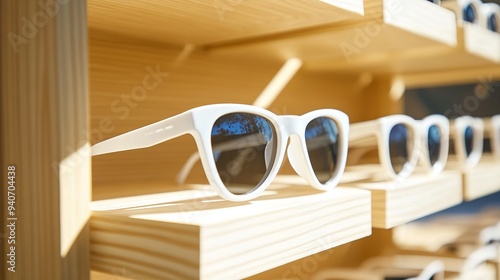 White sunglasses on a wooden display shelf in a store, side view with reflections.