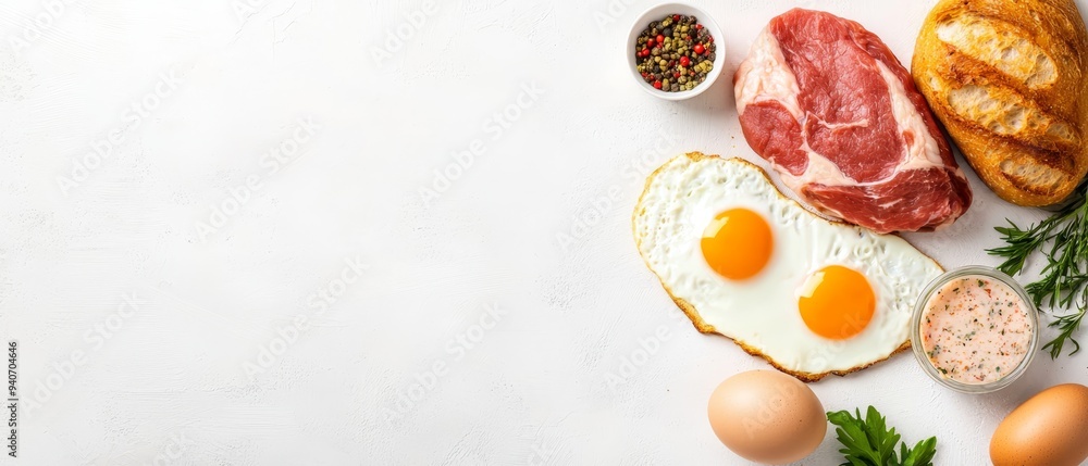 Eggs, meat, and bread arranged on a pristine white surface Herbs and seasonings positioned beside the eggs Eggs, meat, and bread arranged on a pristine white surface Herbs and seasonings positioned beside the eggs