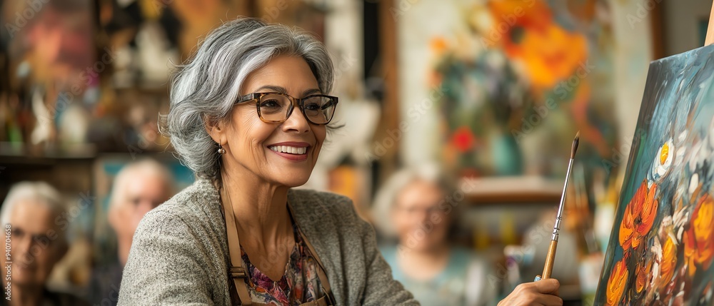 Elegant senior woman painting on an easel in an art studio, surrounded by a group of elderly individuals engaging in a creative hobby in a retirement home setting Elegant senior woman painting on an easel in an art studio, surrounded by a group of elderly individuals engaging in a creative hobby in a retirement home setting