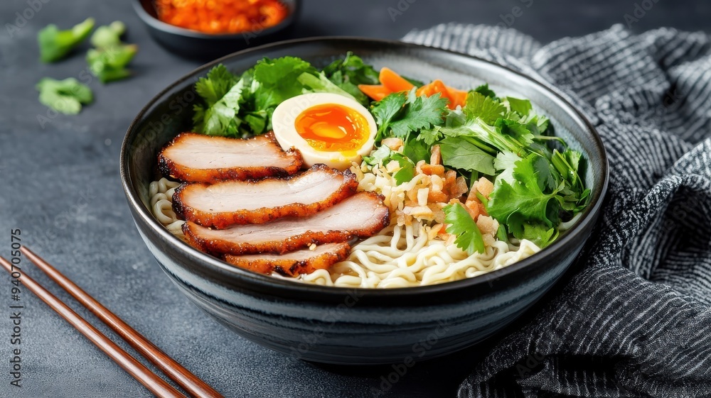 Detailed ramen view with flavorful broth, crispy pork, noodles, fresh vegetables, herbs, traditional Japanese bowl. Detailed ramen view with flavorful broth, crispy pork, noodles, fresh vegetables, herbs, traditional Japanese bowl.