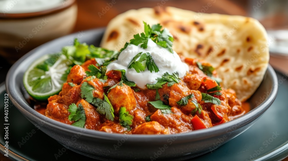 Garnished curry with sliced chilies and yogurt, elegant presentation with a colorful backdrop. Garnished curry with sliced chilies and yogurt, elegant presentation with a colorful backdrop.