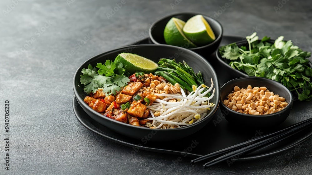 Pad Thai on traditional Thai platter, garnished with lime, bean sprouts, and peanuts, decorative and authentic. Pad Thai on traditional Thai platter, garnished with lime, bean sprouts, and peanuts, decorative and authentic.