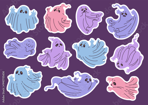 Cute spooky colorful ghosts stickers vector set, cartoon flying night spirit, funny monster, Halloween mysterious symbol