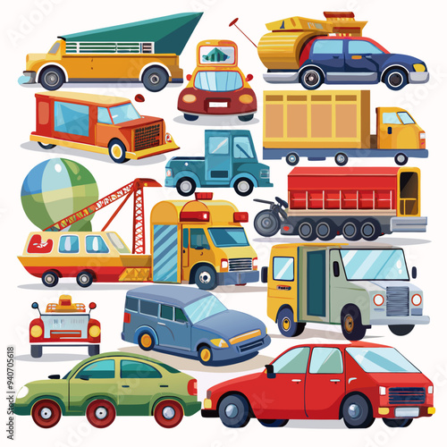 Colorful Cartoon Vehicles and Transportation Set