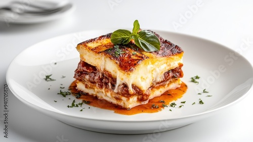 Francesinha isolated on a clean white background, focusing on its layers of meat, cheese, and savory sauce.