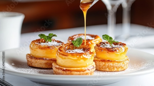 A rich custard filling of pastel de nata being drizzled with a sweet sauce or syrup, enhancing its flavor and visual appeal. photo