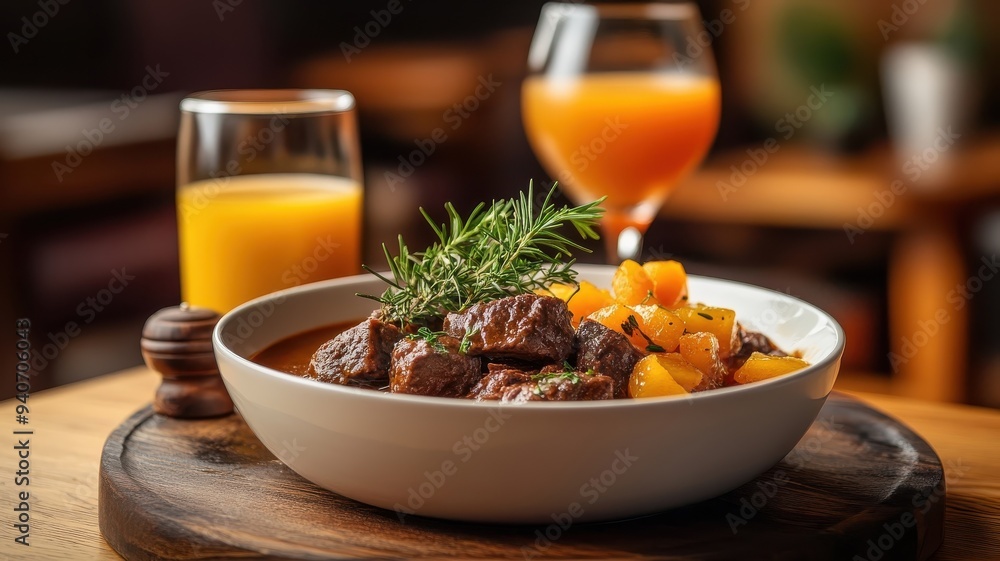 Carbonnade Flamande paired with refreshing fruit juice, offering a delightful contrast to the rich flavors. Carbonnade Flamande paired with refreshing fruit juice, offering a delightful contrast to the rich flavors.
