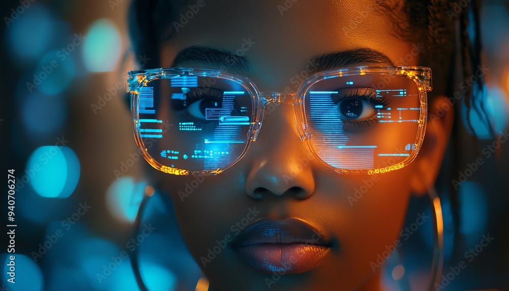 Futuristic cyber security analysis by a female African American IT specialist, examining holographic data with blue and orange colors, showcasing augmented reality and AI concepts Futuristic cyber security analysis by a female African American IT specialist, examining holographic data with blue and orange colors, showcasing augmented reality and AI concepts