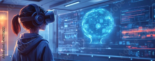 Futuristic classroom with a school student wearing a VR headset, engaged in AI technology and machine learning, showcasing interactive innovation and a blue AI hologram