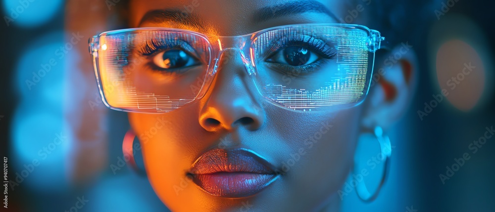 IT specialist analyzing AI cyber security threats with futuristic holographic data, female African American professional, in blue and orange colors with augmented reality elements IT specialist analyzing AI cyber security threats with futuristic holographic data, female African American professional, in blue and orange colors with augmented reality elements
