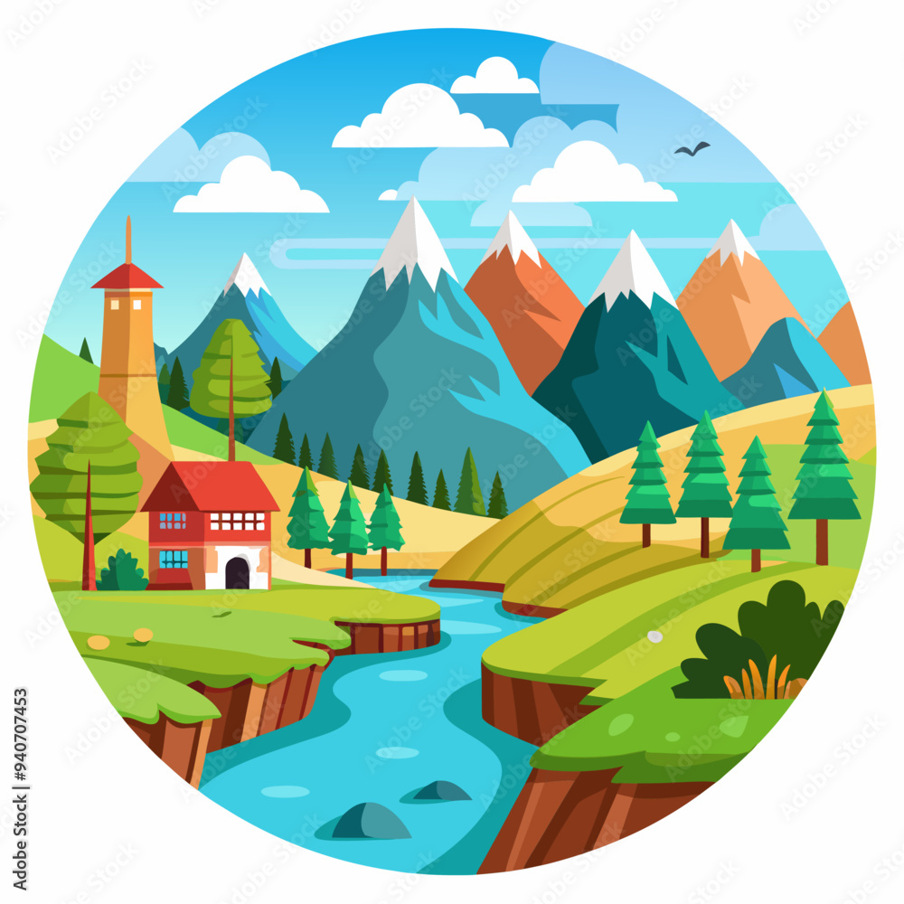 Fototapeta premium Mountainous Landscape with a River, House, and Tower