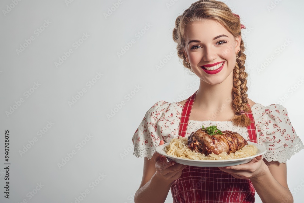 Smiling woman in traditional attire holding a plate of roasted pork with sauerkraut at Oktoberfest