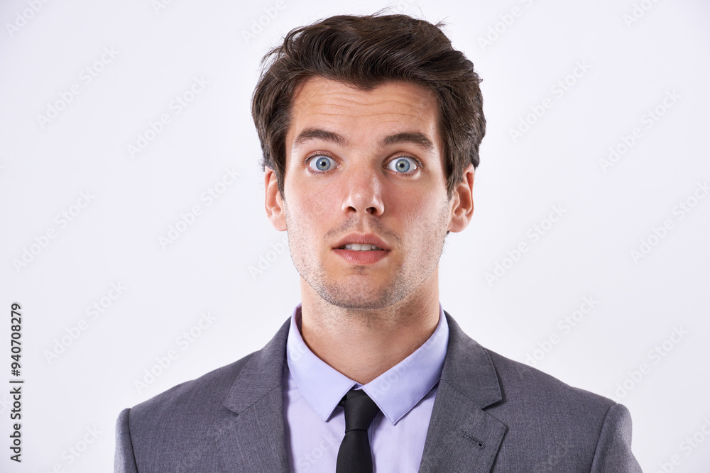 Surprise, shock and businessman in studio with wow, omg or wtf face expression. Reaction, gossip and corporate male model with rumor, secret drama and facial expression on isolated white background Surprise, shock and businessman in studio with wow, omg or wtf face expression. Reaction, gossip and corporate male model with rumor, secret drama and facial expression on isolated white background