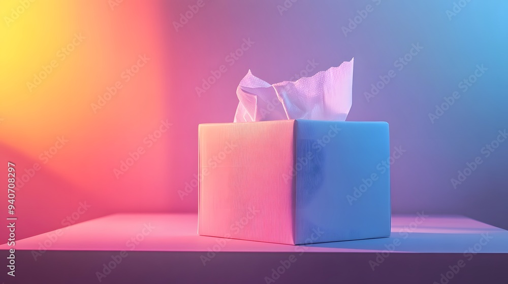 A close-up of a tissue box with a solid, bright-colored background ...