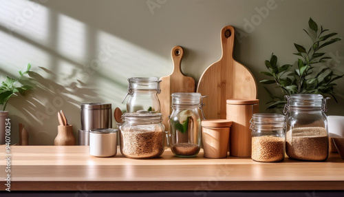 Zero-waste kitchen, featuring reusable containers, glass jars, and eco-friendly utensils