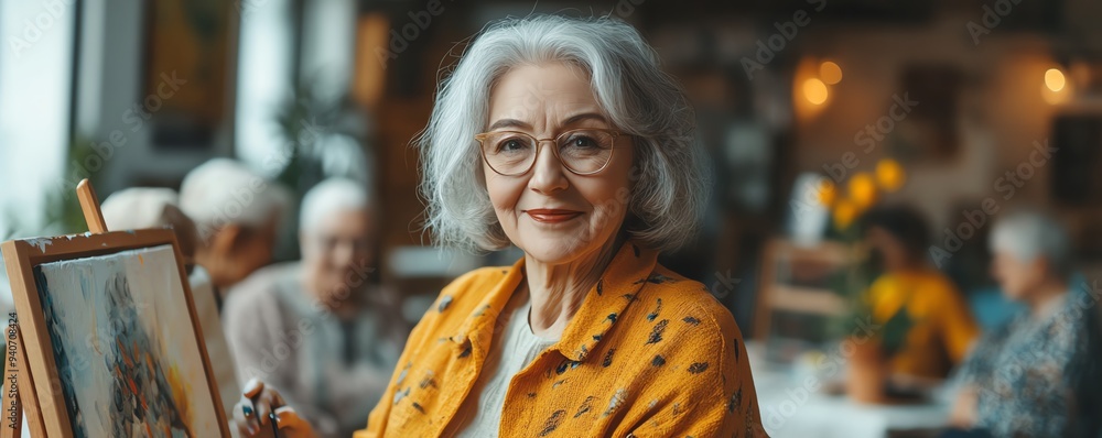 Portrait of an elegant senior woman painting on an easel in an art studio, with a group of elderly people enjoying their creative hobby in a retirement home Portrait of an elegant senior woman painting on an easel in an art studio, with a group of elderly people enjoying their creative hobby in a retirement home