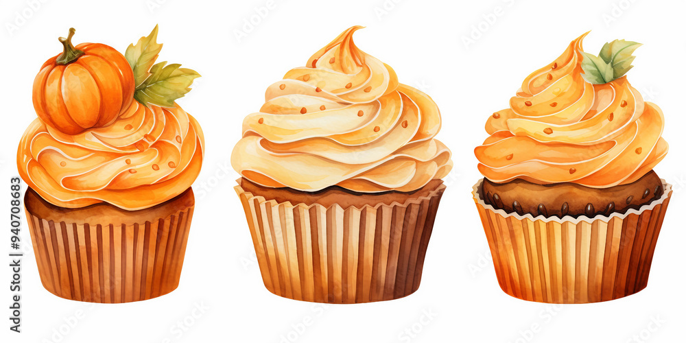 Set sweet pumpkin cupcakes isolated on white background Set sweet pumpkin cupcakes isolated on white background