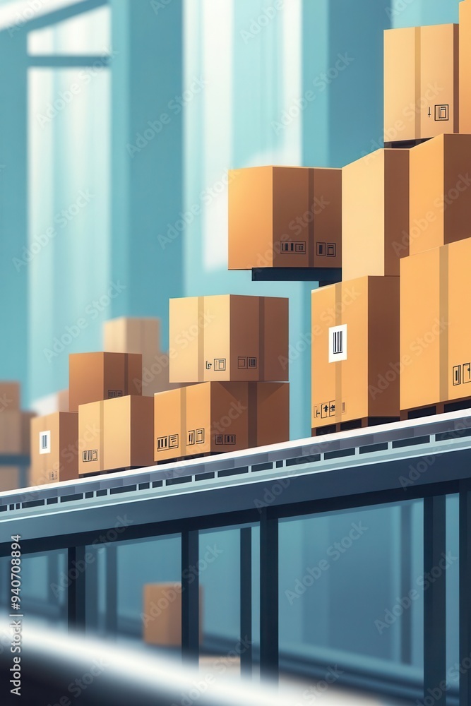 A vibrant warehouse scene featuring stacked boxes on a conveyor belt, symbolizing logistics and efficient distribution. A vibrant warehouse scene featuring stacked boxes on a conveyor belt, symbolizing logistics and efficient distribution.