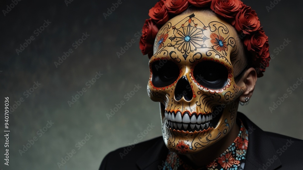 A decorated skull adorned with vibrant flowers and intricate designs stands out against a dark background during a cultural celebration A decorated skull adorned with vibrant flowers and intricate designs stands out against a dark background during a cultural celebration