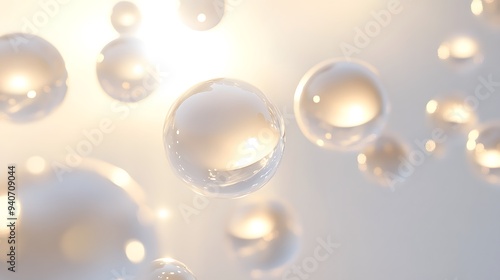 Glowing Light Orbs: Bright, glowing orbs of light floating in mid-air, casting soft reflections on a white background. 