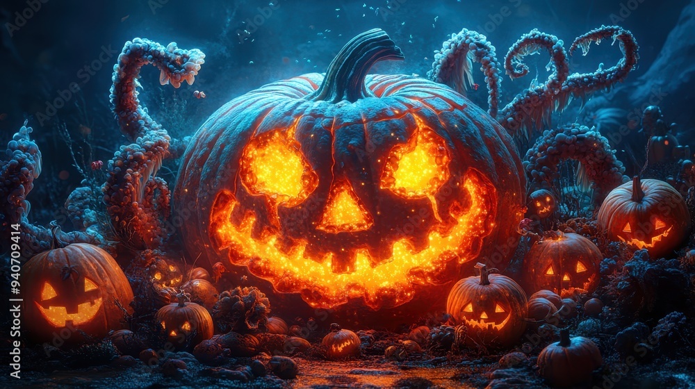 Underwater Halloween Bash: Deep-Sea Creatures Celebrating Around Bioluminescent Jack-O'-Lantern Underwater Halloween Bash: Deep-Sea Creatures Celebrating Around Bioluminescent Jack-O'-Lantern