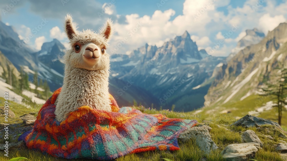 Naklejka premium Charming Boho Llama with Colorful Blanket in Mountainous Setting - 3D Illustration