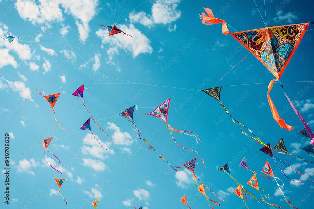 Beautiful greeting card with colorful kites soaring high above vibrant sky to holiday composition Beautiful greeting card with colorful kites soaring high above vibrant sky to holiday composition