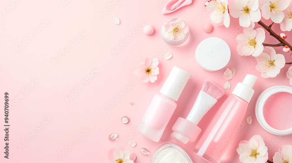 A minimalist composition featuring a variety of skincare products. The clean lines, white background and natural elements A minimalist composition featuring a variety of skincare products. The clean lines, white background and natural elements