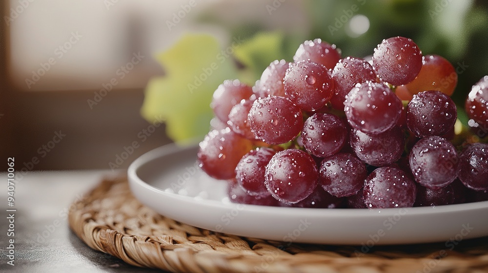 Fresh red grapes on a white plate, with water droplets and a blurred background. Fresh red grapes on a white plate, with water droplets and a blurred background.