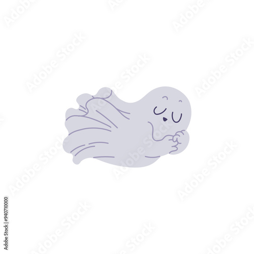 Vector illustration with an image a cute serenely sleeping flying ghost on a white background.