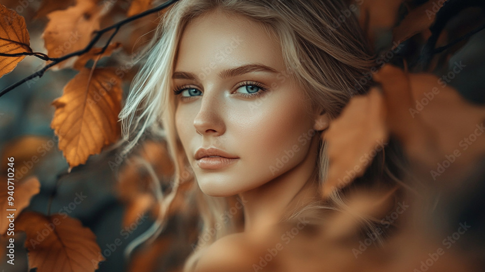 A woman modelling surrounded by fall leaves, close-up portrait, glamour A woman modelling surrounded by fall leaves, close-up portrait, glamour