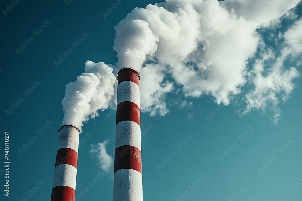 Smoke Stacks with Red and White Stripes Against a Blue Sky Smoke Stacks with Red and White Stripes Against a Blue Sky