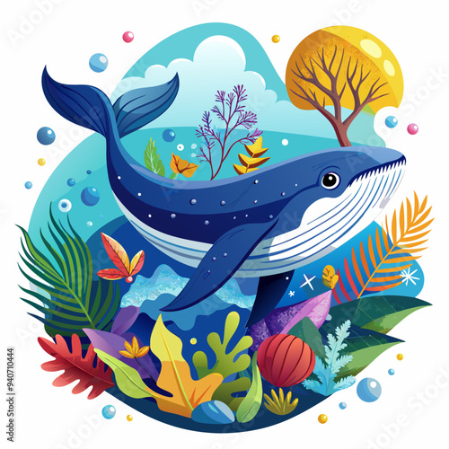 A Blue Whale Surrounded by Tropical Plants and Bubbles