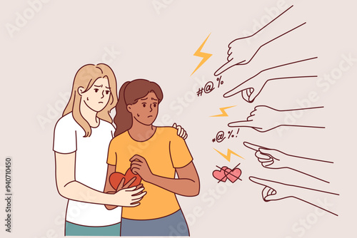 Discrimination against LGBT couple of two lesbian women who need protection from hands of homophobia people. Problem homophobia in society and lack of promotion of tolerance towards non-binary couples