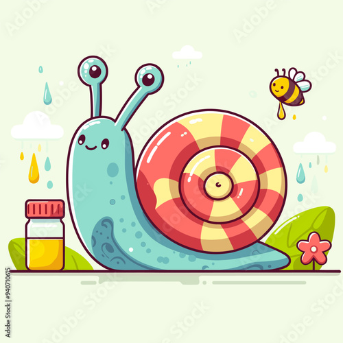 A cartoon snail is sitting on a green leaf next to a jar of honey. The scene is bright and cheerful, with the snail looking up at the jar of honey with a smile. Concept of happiness and contentment