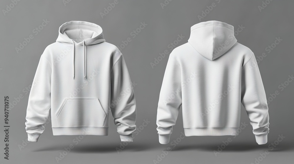White hoodie front and back view on a grey background, minimal design. White hoodie front and back view on a grey background, minimal design.