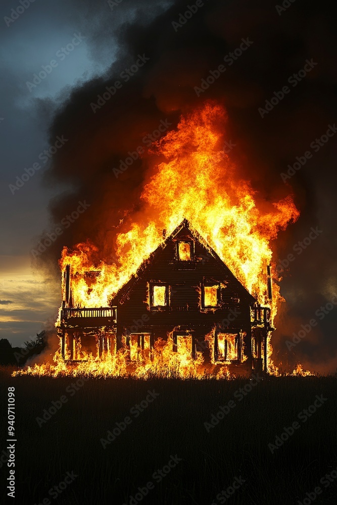 A house engulfed in flames with a dark sky above A house engulfed in flames with a dark sky above