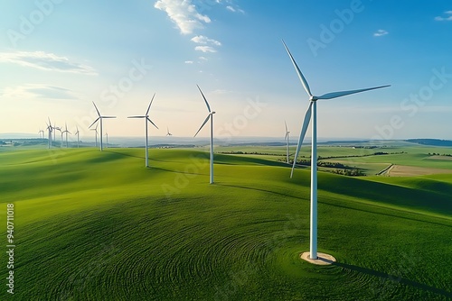 Wind Turbines on a Rolling Green Field